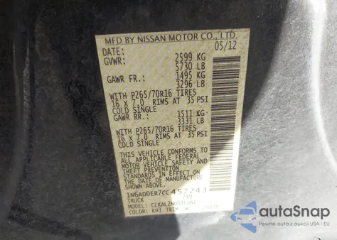 2012 Nissan Frontier Sv z USA, uszkodzony, nr VIN 1N6AD0ER7CC457243